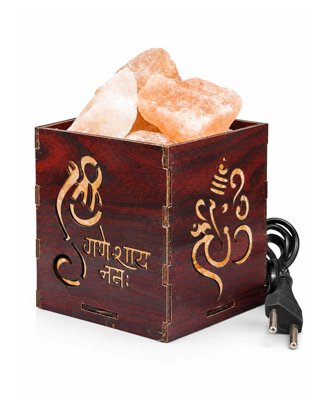 shri ganeshay namah himalyan rock salt led table wooden lamp decorative showpiece for vastu, feng shui, home decor, gifting, positive energy, prosperity, good wealth & harmony and purification