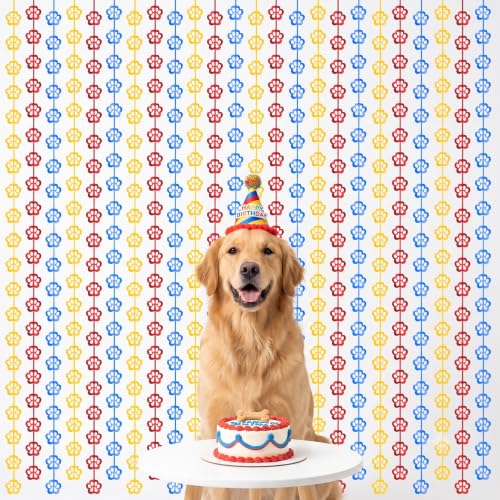 Image of TONIFUL 2Pc Blue Red Yellow Paw Cutouts Metallic Tinsel Foil Fringe Curtain | 3.3ftx6.6ft Photo Booth Backdrop Door Tinsel Streamers, Props for Dog Birthday Baby Shower Puppy Party Decorations