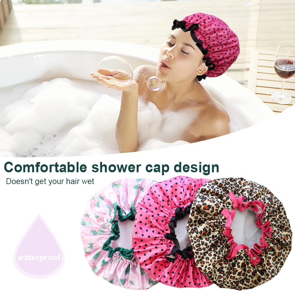 3 gorros de ducha reutilizables, impermeables, de doble capa impermeable, gorro de ducha suave y cómodo con forro de EVA, gorro de ducha de protección para el cabello para mujer