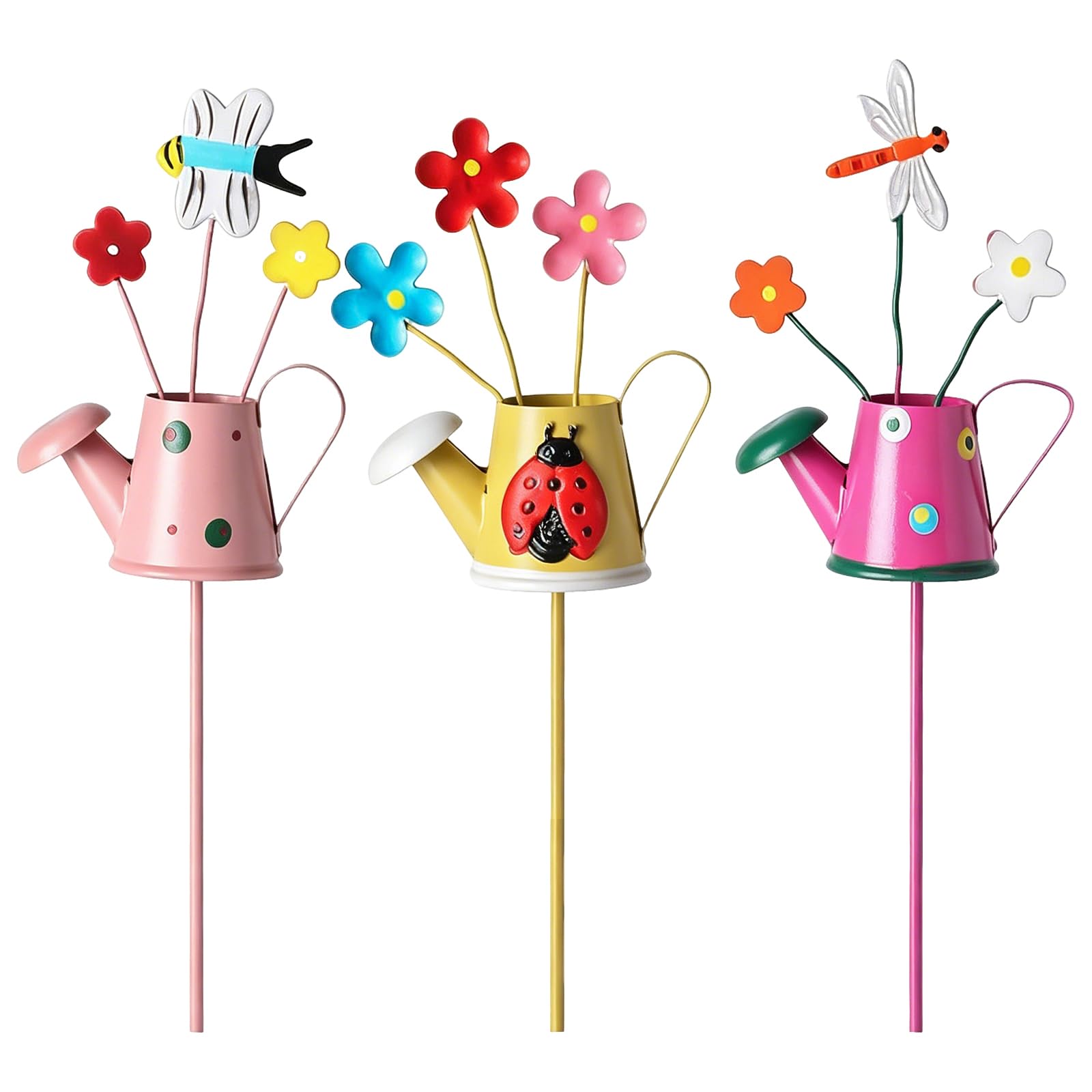 Elmsley 3 Pcs Garden Stakes Decorative, Plant Pot Ornaments, Outdoor Decorative Watering Can Pot Stake, Metal Flowers, Suitable for Indoor Outdoor Decoration in Gardens, Patios, Walkways and Lawns