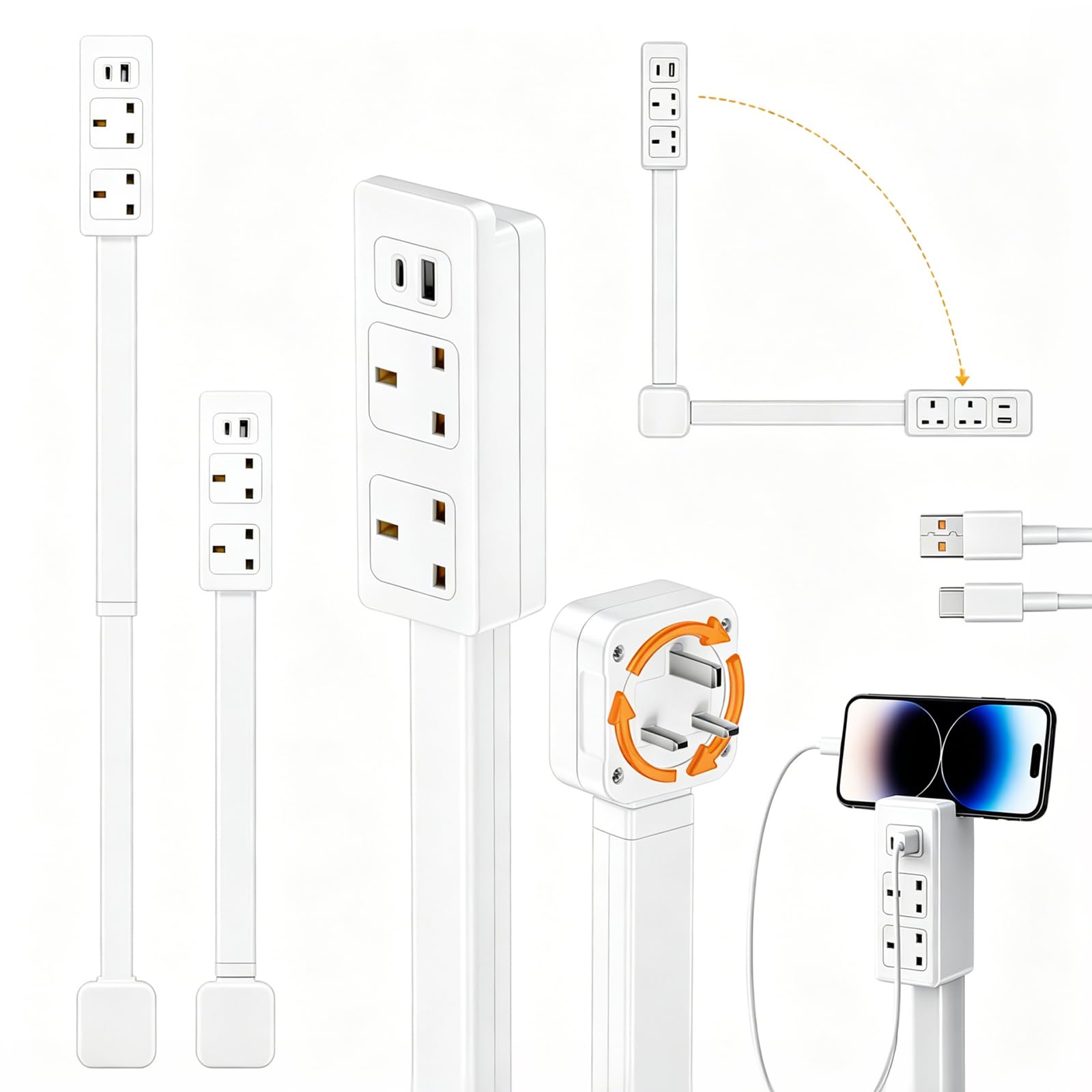 Electrical Outlet Extender with USB-A & USB-C, Power Socket Expander for Hard to Reach Places, Adjustable 19.5"-28.2" and Rotates 180°, Multiple Wall Outlets for Behind Sofas, Desks, Nightstands