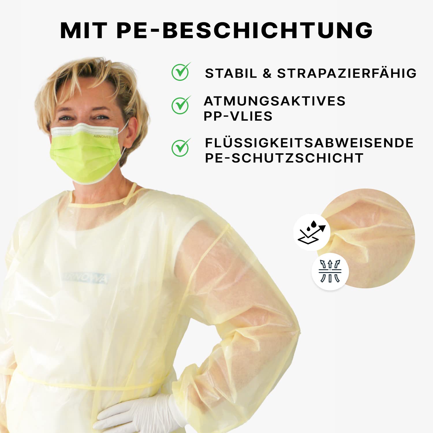 10 ARNOMED PP+PE-Schutzkittel Einweg, OP Kittel Virendicht, Gelbe Einweg Kittel in 130x140cm, PP Vlieskittel mit PE-Schicht, Einmalkittel 30 g/m², OP-Kittel, Schutzkittel wasserdicht, Einwegkittel