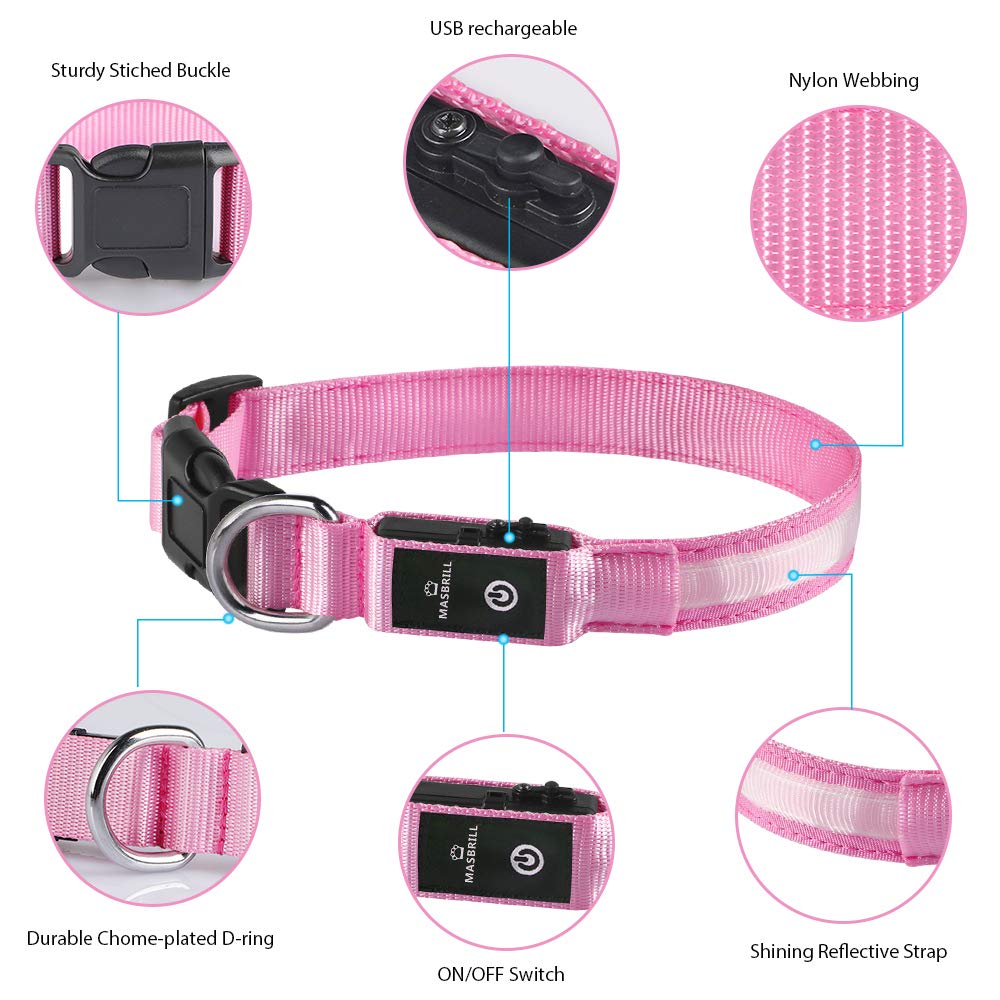 MASBRILL Collare Luminoso per Cani, Collare di Cane LED Ricaricabile e Impermeabile, 3 modalità d'ardore e Misura Regolabile Adatto per Cani di Taglia Piccola Media Grande (S (Confezione da 1), Rosa)