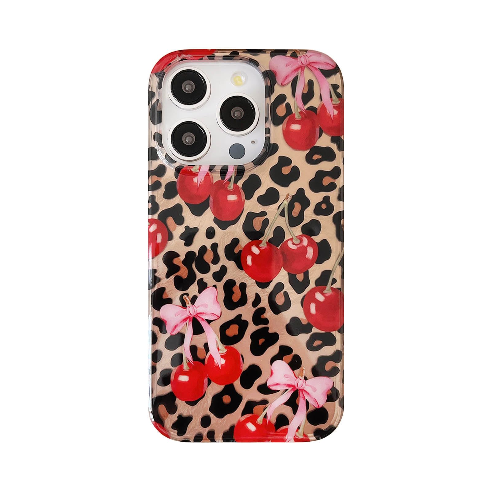 for iPhone 16 pro Cute Bow Cherry Cheetah Print Phone Case,Trendy Fruit Retro Animal Leopard Print Glitter TPU Cover Unique Girly Cool Girls Women[