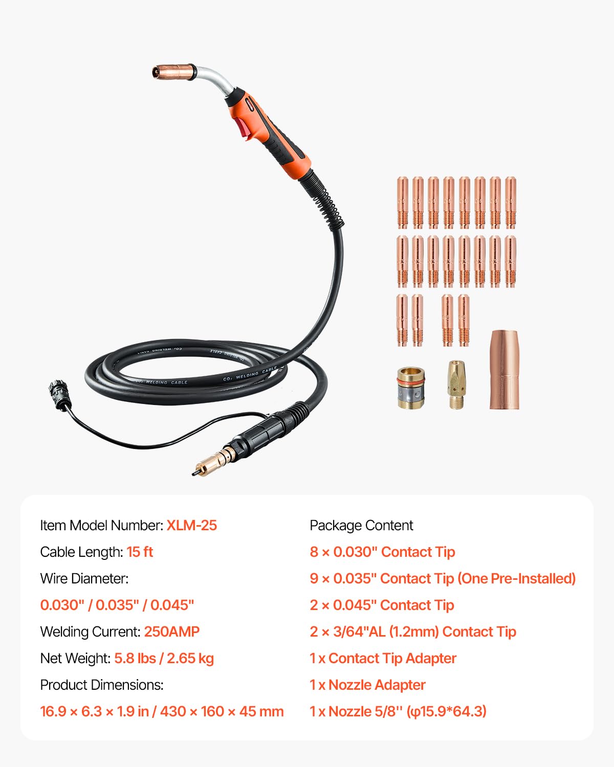 VEVOR Pistolet spawalniczy z kablem 4,5 m 250 A, kompatybilny ze spawaczami Millermatic 200, 210, 212, 250, 250X, 251, 252, do drutów spawalniczych 0,76 mm, 0,89 mm, 1,14 mm, różne zadania