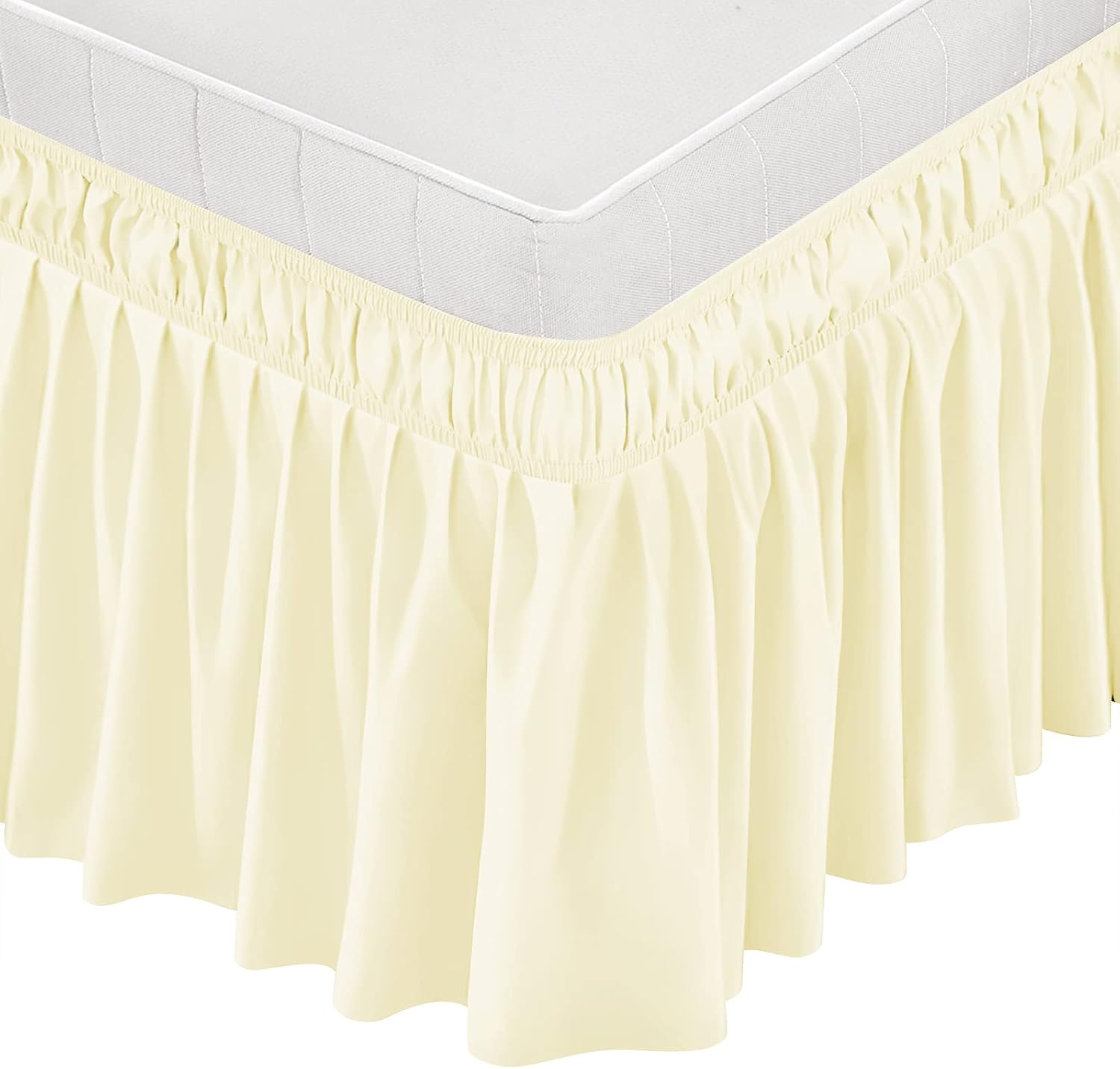 Wrap Around Bed Skirt for King Size Bed 15 Inch Drop,Dust Ruffles Solid Color Wrinkle and Fade Resistant with Adjustable Elastic Belt Easy to Install,Polyester Fabric Machine Washable,Light Yellow