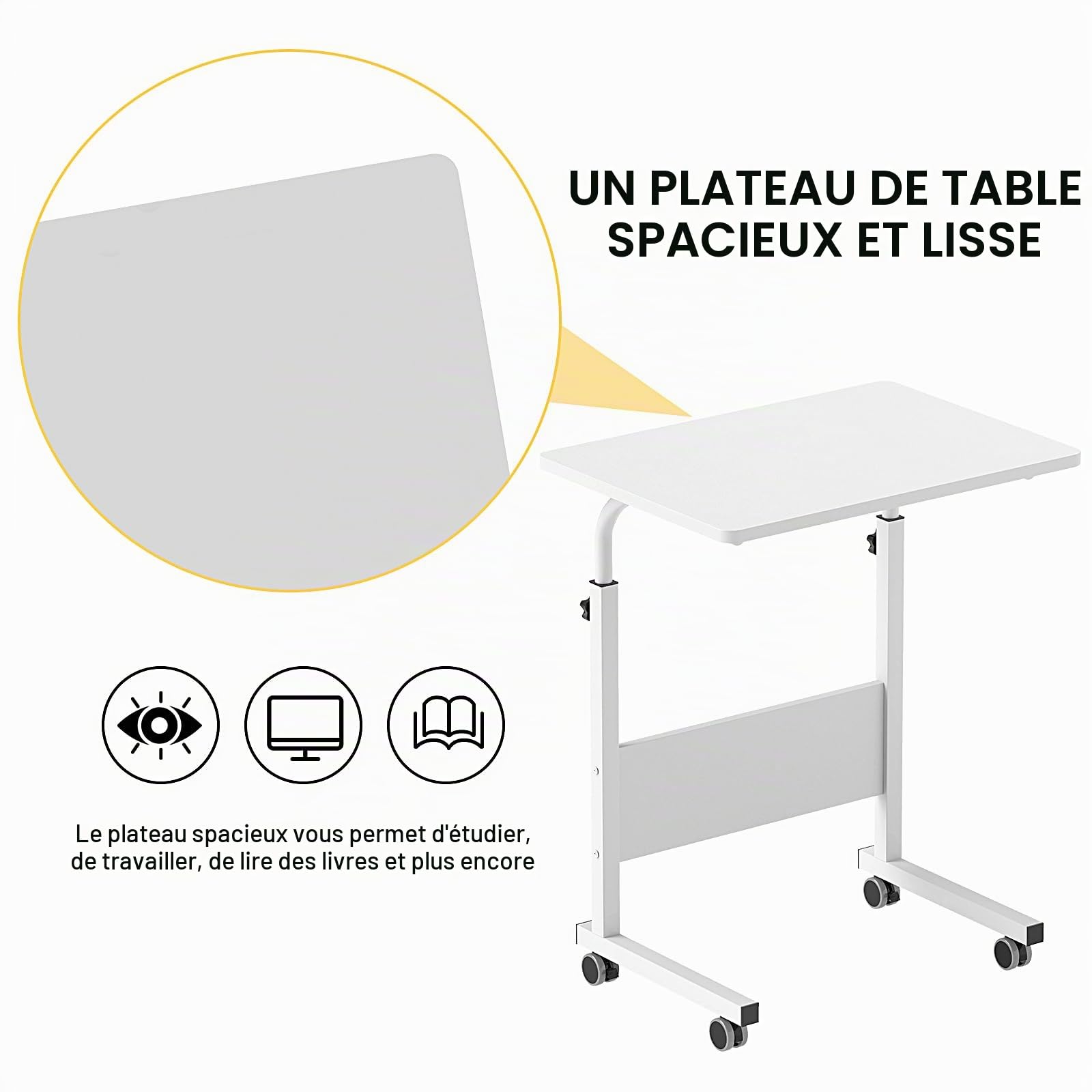 sogesfurniture Table d'appoint Mobile à Hauteur réglable pour Ordinateur Portable avec roulettes - Table d'appoint Mobile pour lit et canapé - 60 x 40 x 71-90 cm - Blanc