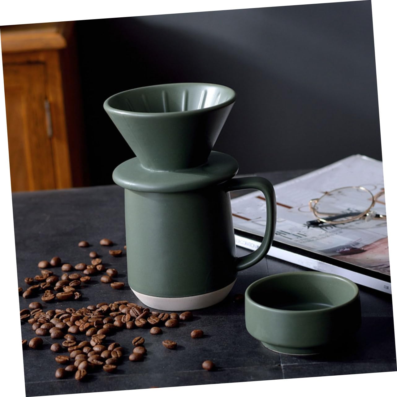 Taza de Filtro de Café y Leche de Cerámica Verde, Reutilizable y Ligera, Apta para Hogar y Viaje, Juego 1 Unidad, Uso Diario y Oficina
