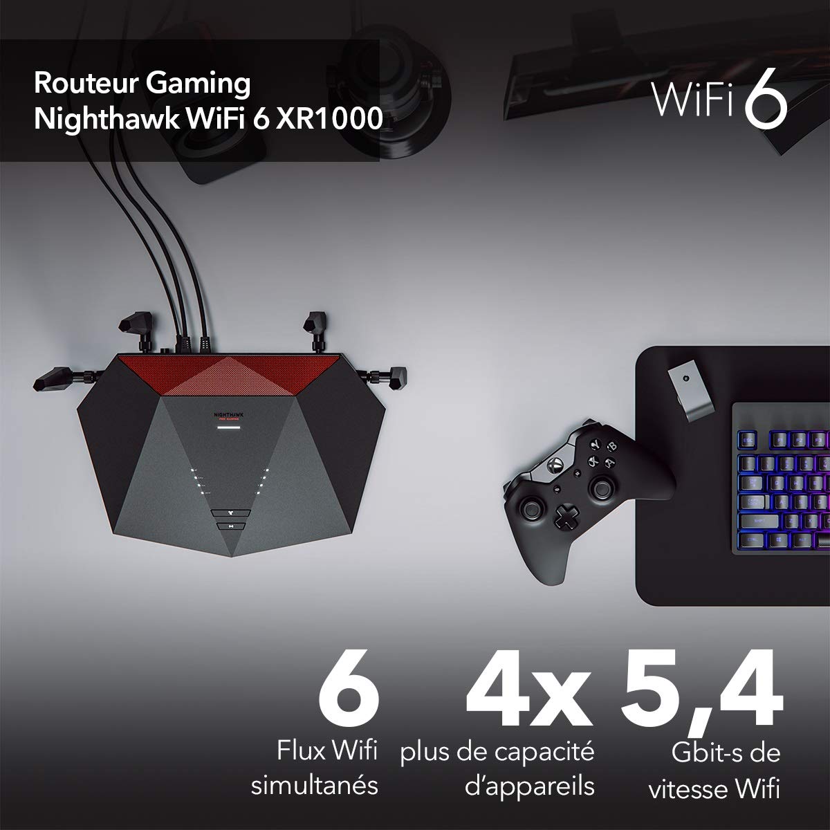 NETGEAR Routeur WiFi 6 Nighthawk Pro Gaming (XR1000) - Vitesses WiFi 6 Bi-Bandes AX5400 (jusqu'à 5,4 Gbit/s) | DumaOS 3.0 optimise Les connexions aux serveurs | Compatible avec PlayStation 5