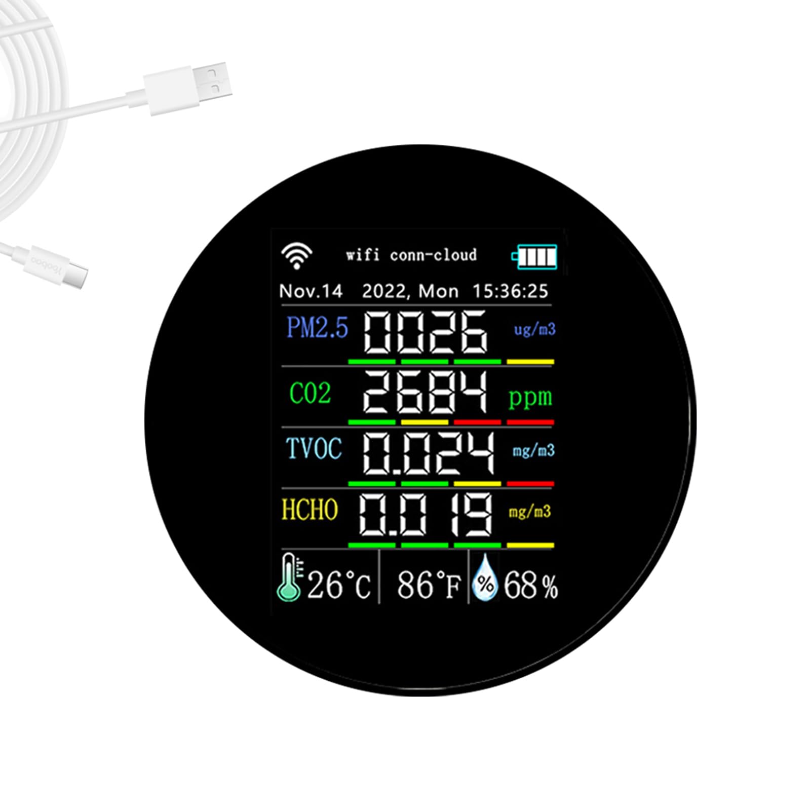 FTVOGUE Monitor Jakości Powietrza Wi-Fi Tester CO2, Przenośny Miernik Jakości Powietrza 7 w 1 z Kolorowym Wyświetlaczem, PM2.5 TVOC HCHO śledzenie Wilgotności Temperatury w Szklarni w Domu