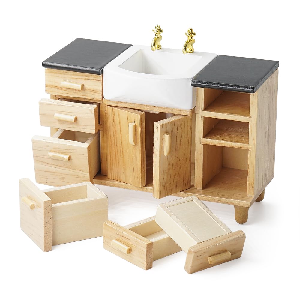 Odoria Douche Miniature 1:12 Pour Maison De Poupée – Salle De Bain En Bois Blanc Avec Pomme De Douche Dorée