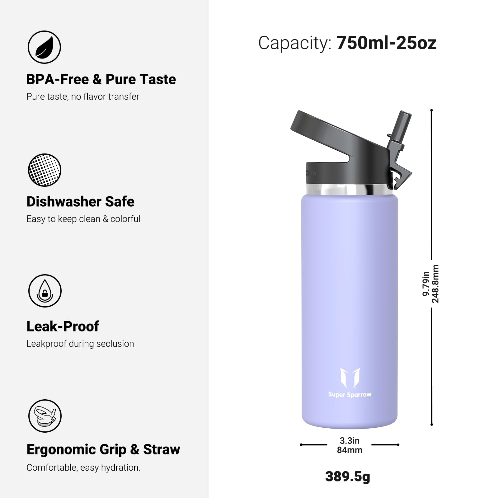 Super Sparrow Borraccia Termica - 500ml, 750ml, 1000ml, 1.2L, 1.5L- SwivelSip Inox Bottiglia - Senza BPA Borracce Termiche, Borraccia Ergonomica per Bambini, Sportiva, Bici, Campeggio, Palestra