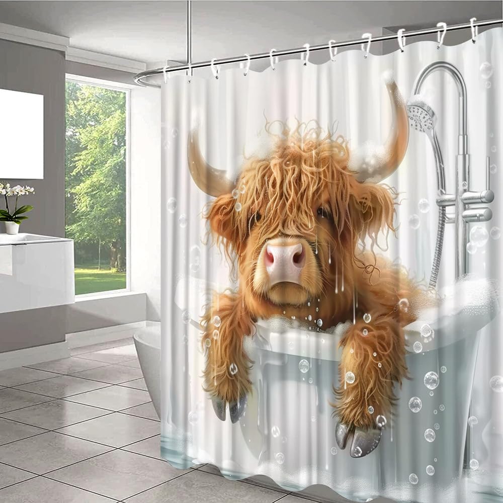 JONSEQIN Highland Cow Shower Curtain Farmhouse Cattle Western Calf Windmill Wooden Board Cute Farm Animal Rustic Neutral Vintage Wildlife Bull Bathroom Decor Curtains 70x78 inch with Hook