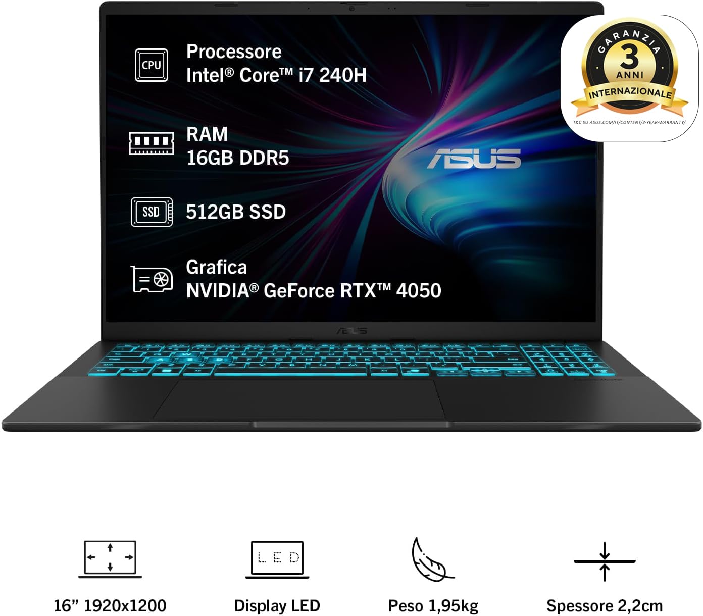 Asus Vivobook V16 V3607VU#B0DPG49L6M, Notebook con Monitor da 16" Anti-glare, 144Hz, Intel Core 7 240H, RAM 16GB, 512GB SSD, NVIDIA® GeForce RTX™ 4050, Win 11 Home, Nero