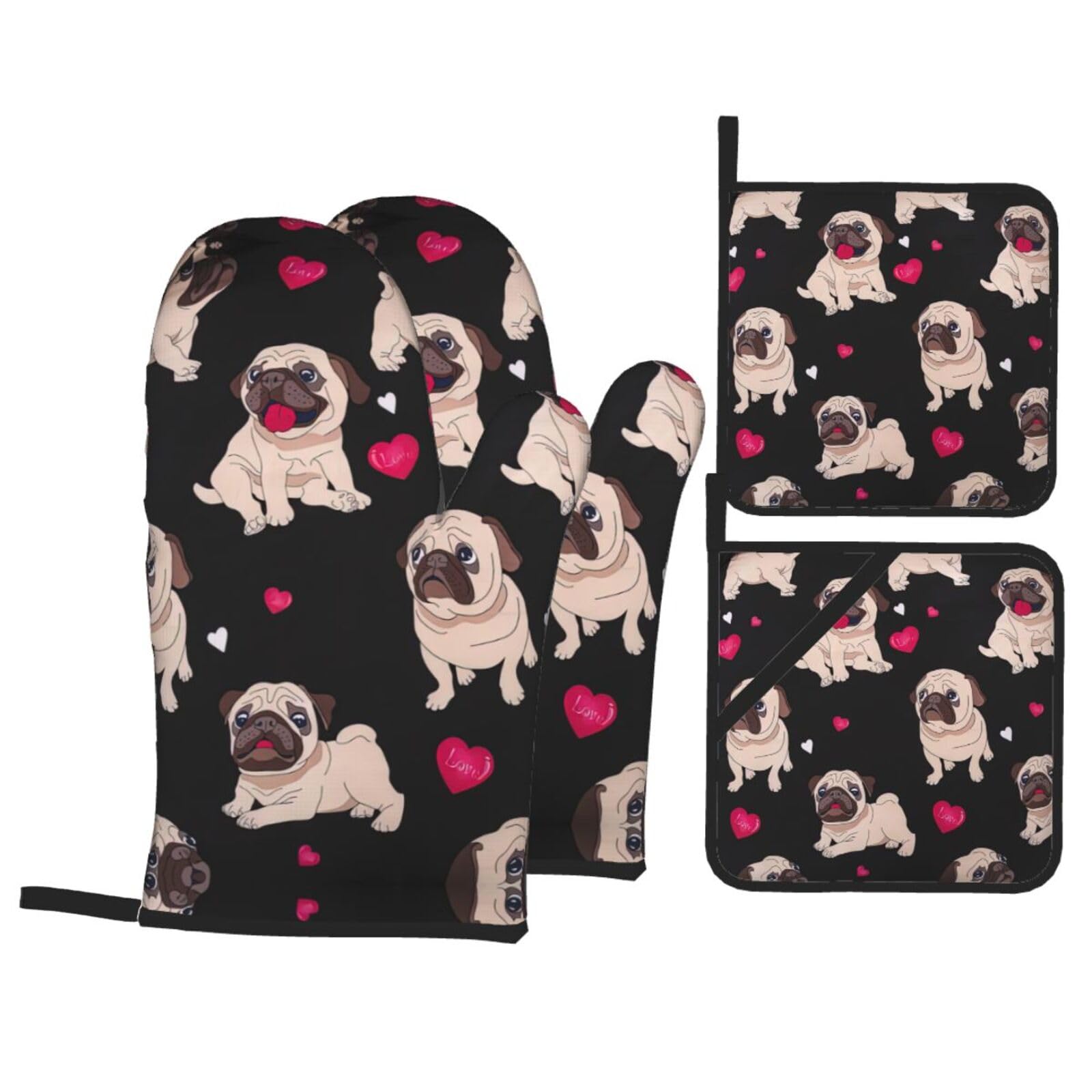 Cute Pug Print Oven Microwaving Waterproof Kitchen Gloves for Baking Grilling Holiday Cooking