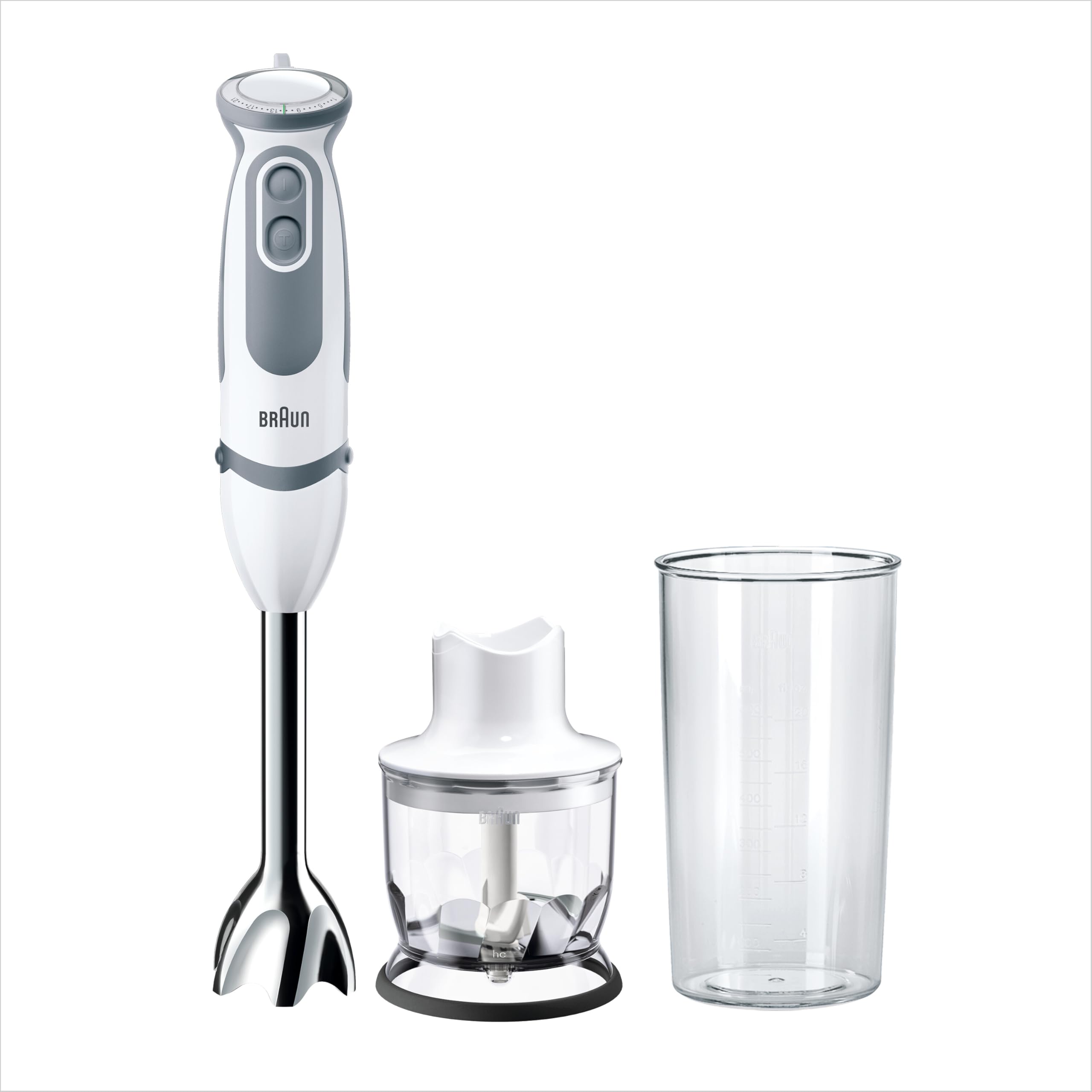 Braun Hogar Batidora de mano, 21 velocidades y función turbo, anti-salpicaduras, Powerbell Plus, 2 accesorios (mini-picadora 350 ml, vaso medidor 600 ml), Blanco, 1000 W