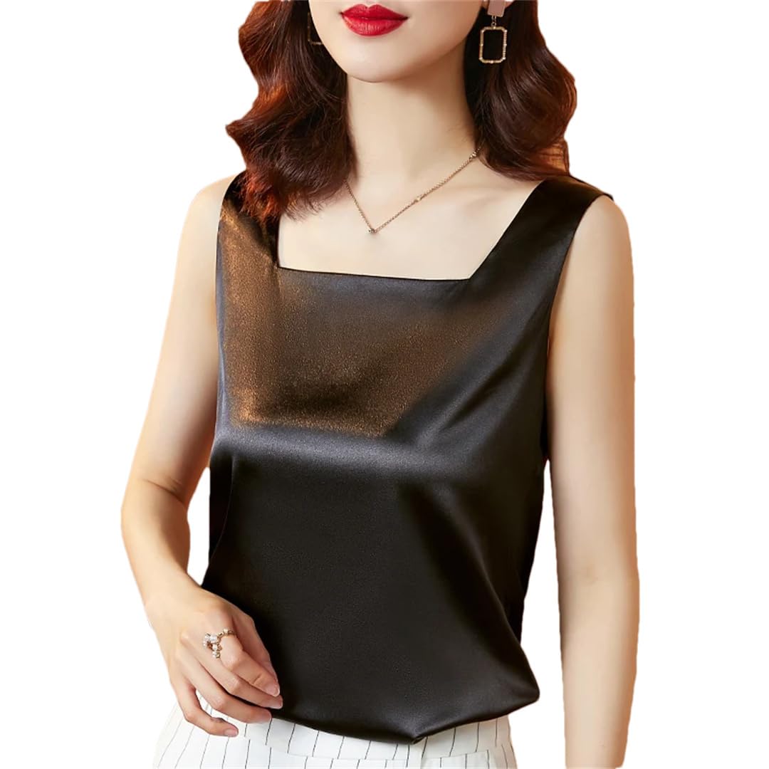 Camicie da donna senza maniche in raso da ufficio in seta casual estate colletto quadrato top