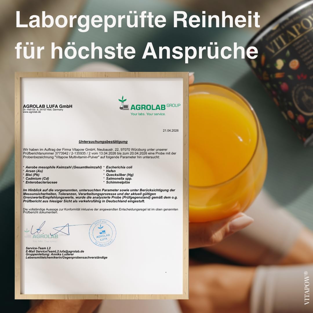 Multivitamin Pulver - Vitamine & Mineralstoffe - Immunsystem - Vitamine A-Z hochdosiert - Mikronährstoffe - vegan, ohne Zuckerzusatz, in Deutschland hergestellt - ACE-Geschmack - 30 Portionen