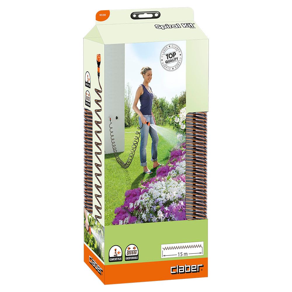 Claber Spiral kit Plus, manguera flexible en espiral, conectores y rociador multifunción
