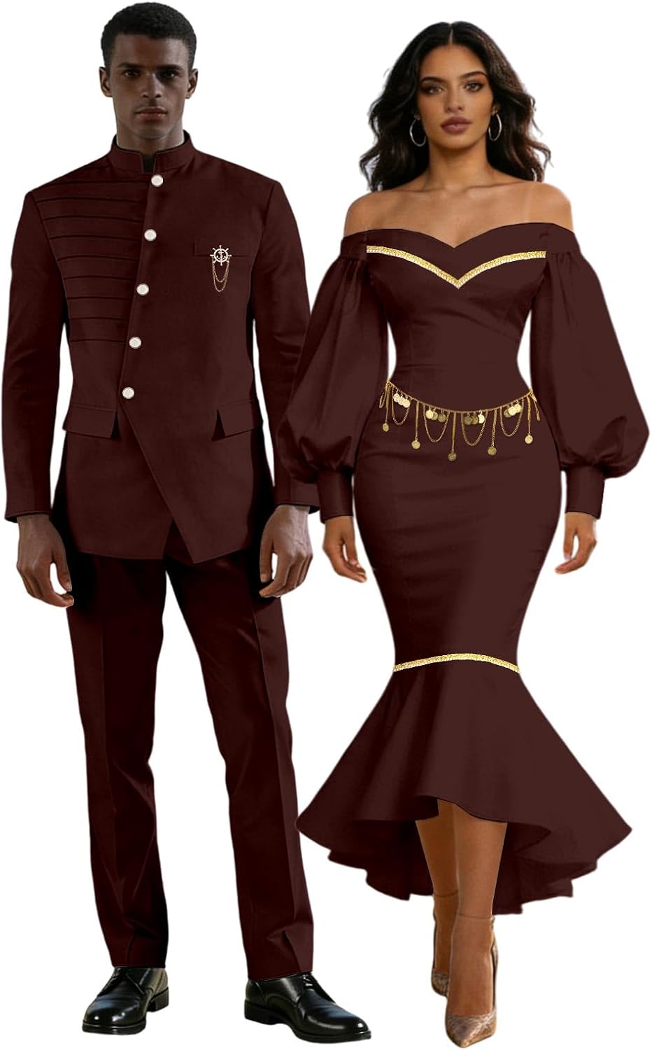 DBQ Couple`s Clothes Men Single Breasted Brooch Blazer and Pant Set Women Match Color Gold Chain Midi Dress