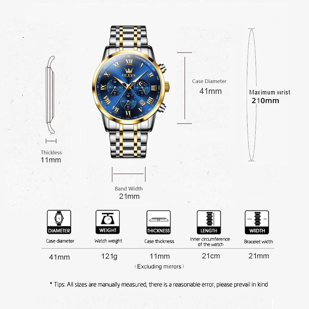 Orologio Uomo Cronografo e Fase Lunare in Acciaio Inossidabile | Orologio analogico al quarzo, impermeabile fino a 3 ATM, dal design elegante e classico, disponibile in bianco, nero e blu