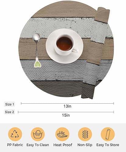 Miniatura 7 de Juego de 6 manteles individuales redondos para mesa de comedor, manteles individuales redondos de madera degradada, manteles individuales circulares