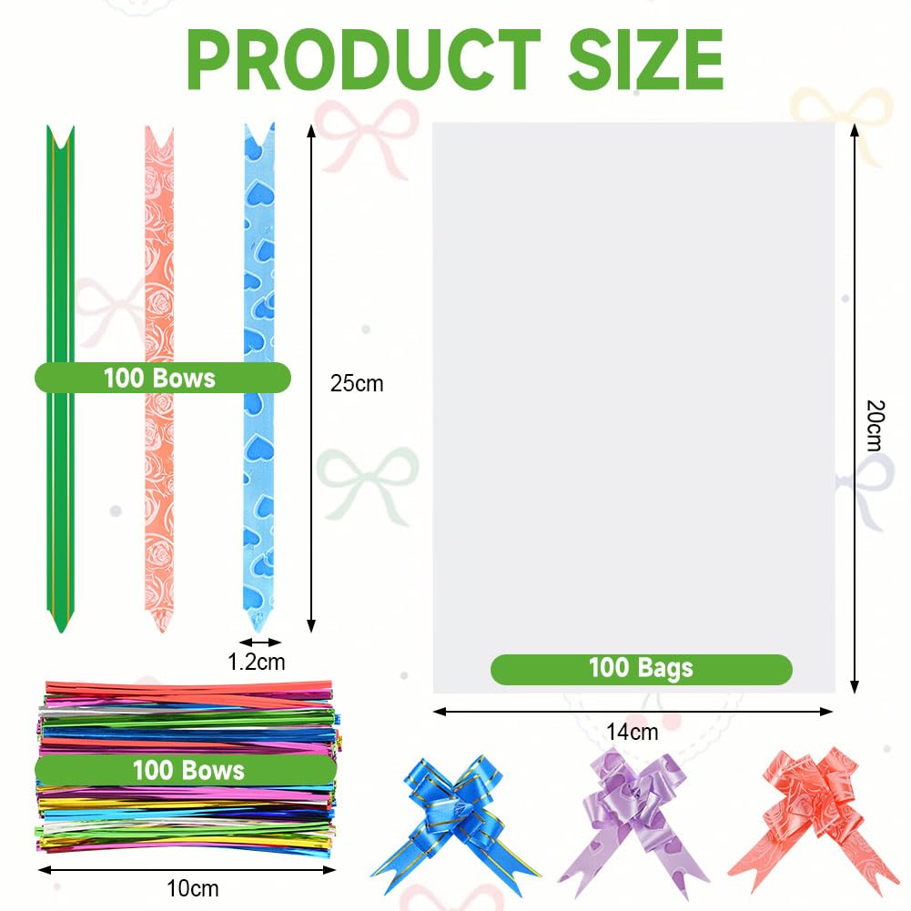 100 Sacchetti in Cellophane Trasparente 14x20 cm, Sacchetti Trasparenti per Alimenti con 100 Fiocchi e Lacci Intrecciati per Caramelle, Biscotti e Altre Confezioni Regalo