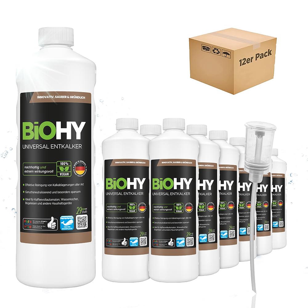 BiOHY Descalcificador universal (12 botellas de 1 litro) + Dosificador | Universeel concentraat voor alle huishoudelijke apparaten | Compatibel met alle koffiemachines en espressomachines (Entkalker)