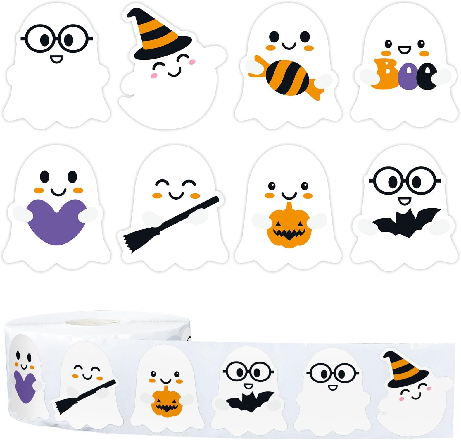 Whaline 1000Pcs Halloween Ghost Stickers Roll Self-Adhesive Cute Ghost Stickers Roll for Kid Halloween Party Envelope Scrapbook Card Gifts Candy Bags Decorations Supplies, 8 Design