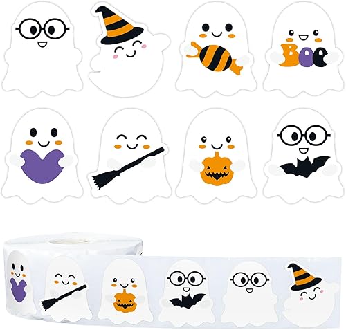 Whaline Rollo de 1000 calcomanías de fantasmas de Halloween, rollo de calcomanías autoadhesivas de fantasmas para niños, fiesta de Halloween, sobre,