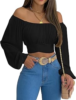 Woman Off Shoulder Ruched Tie Back Crop Top Summer Lantern Sleeve Boho Shirt Blouse