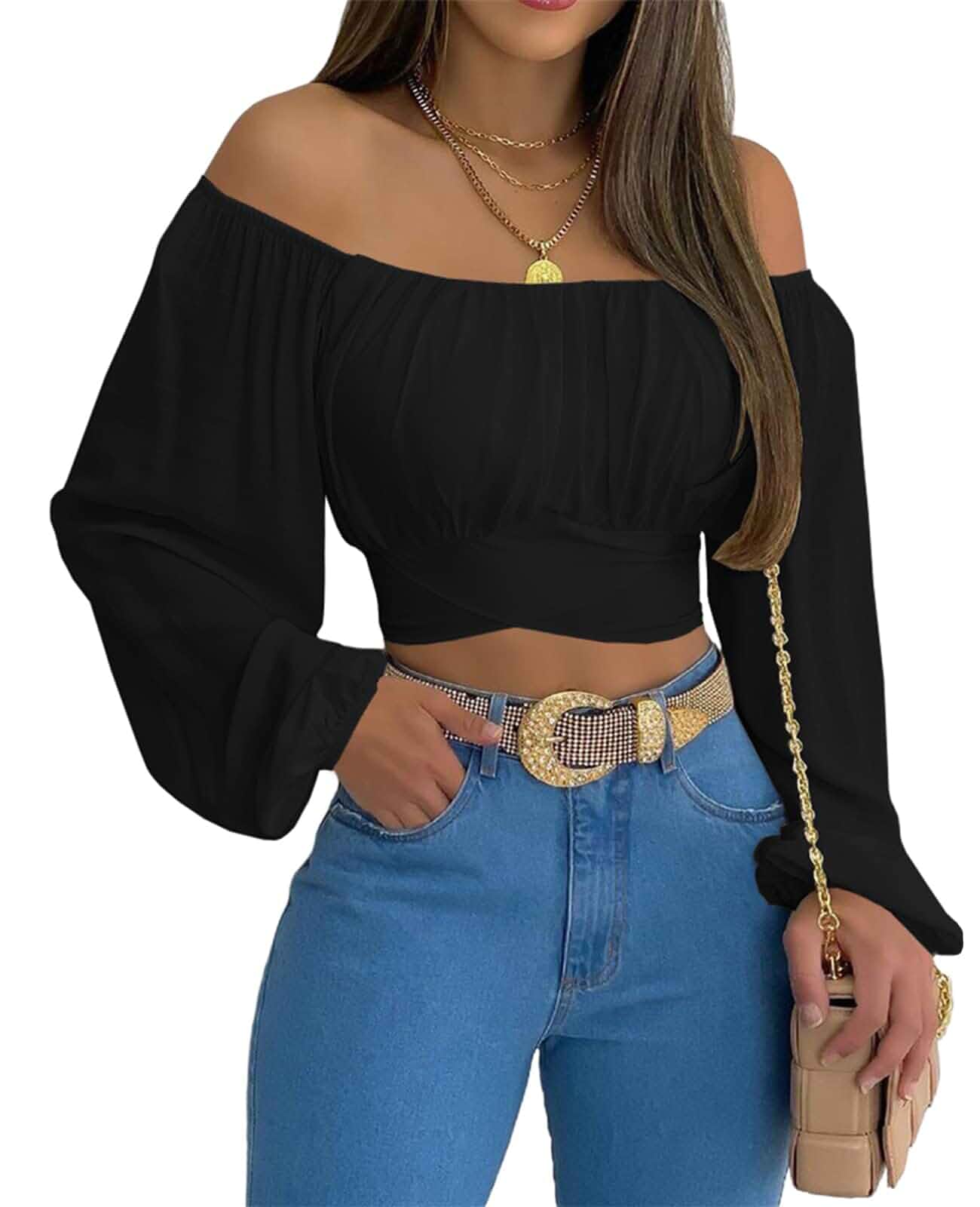 MIRACMODA Woman Off Shoulder Ruched Tie Back Crop Top Summer Lantern Sleeve Boho Shirt Blouse Lantern Sleeve