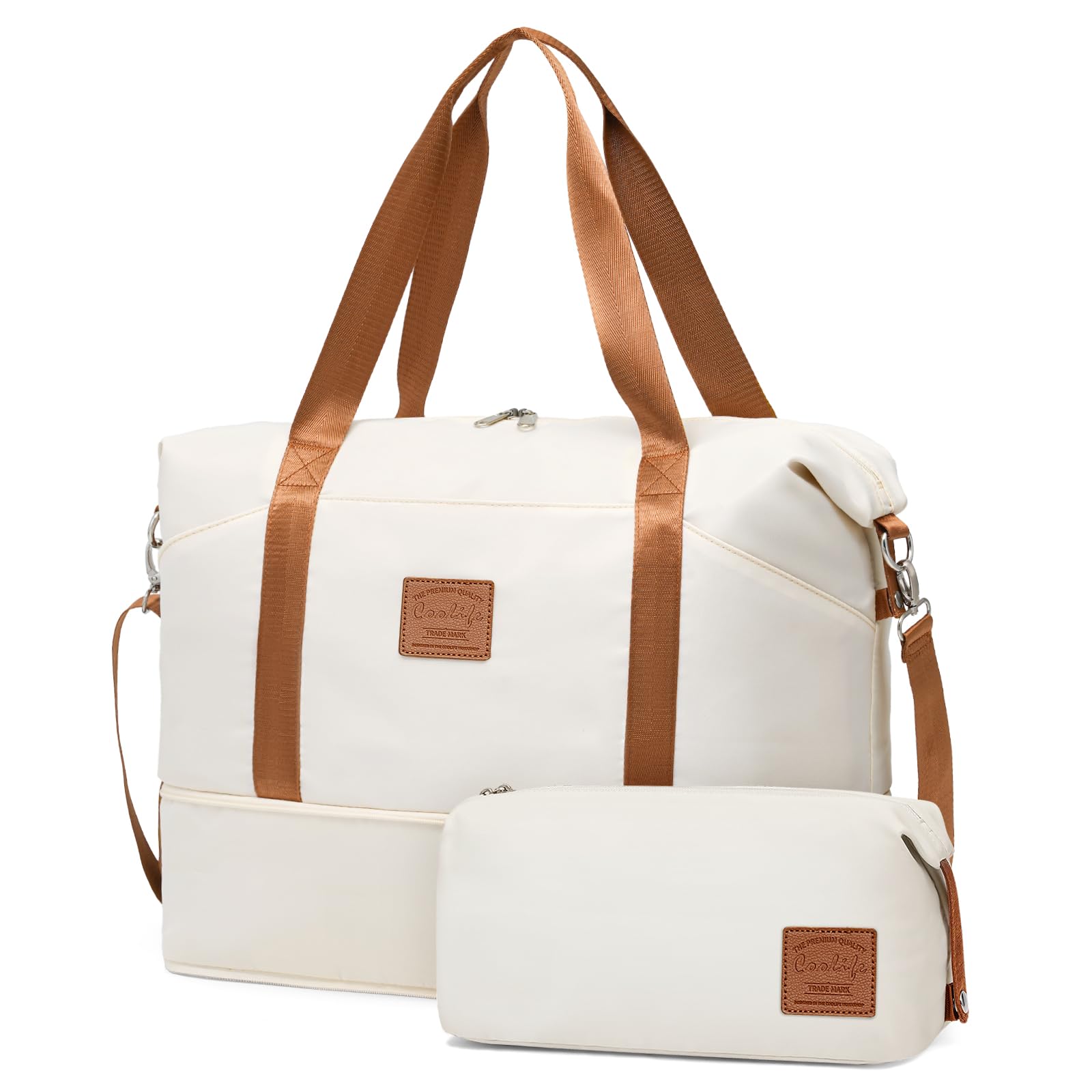 Travel Duffel Bag, Weekend Bags for Women with Trolley Sleeve and Toiletry Bag, Ryanair Cabin Bags 40x30x20 cm (White, 2 Piece Set)