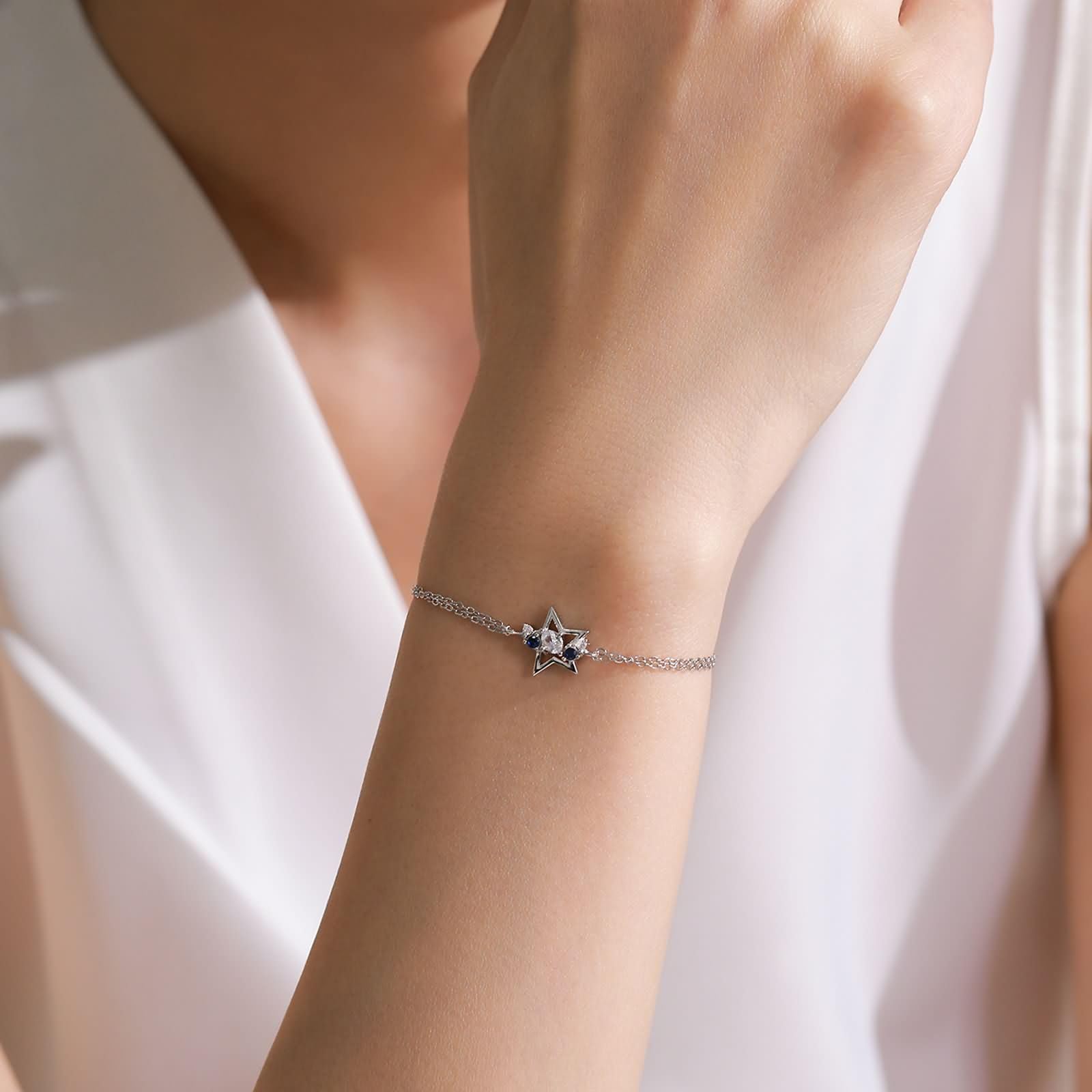 Pulsera de diamantes de doble capa para mujer con diamantes y zafiro, pulseras de oro de 18 quilates con dije de estrella para ella, oro blanco de 9 quilates, 14 y 18 quilates