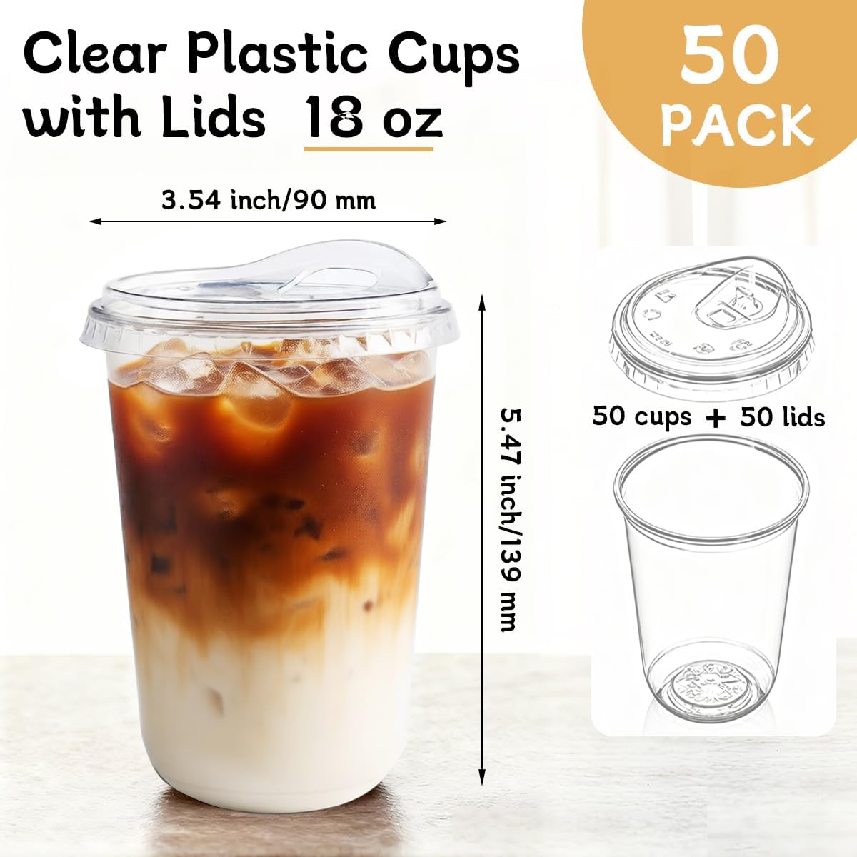 Clear Plastic Cups with Lids, 18 oz, 50 Pack Disposable Beverage Containers for Iced Coffee, Smoothie, Milkshake, Cold Drinks, Party Catering