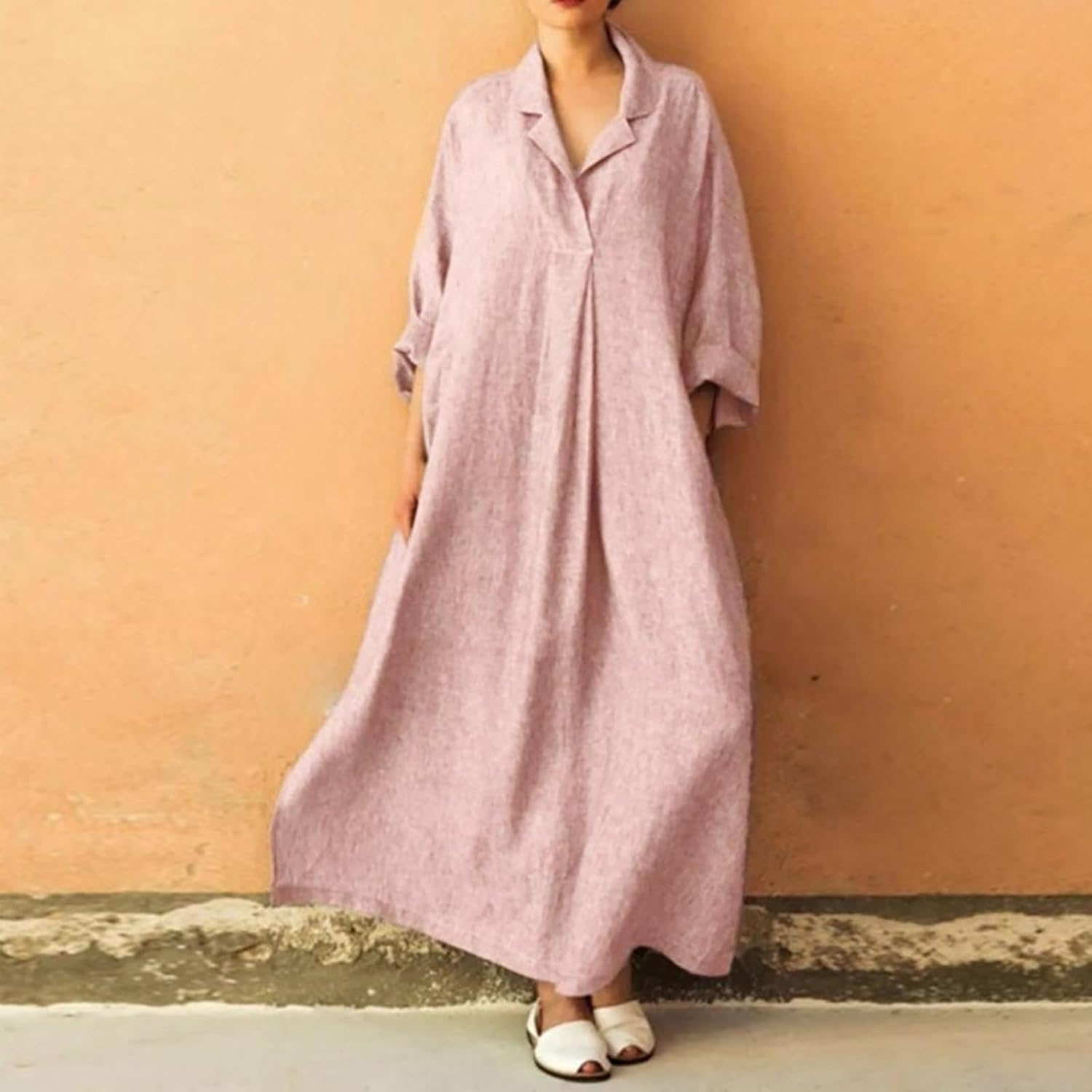 chouyatou Women's Oversized Cotton Linen Long Sleeve V Neck Dress Loose Boho Maxi Shirt Dress with Pockets