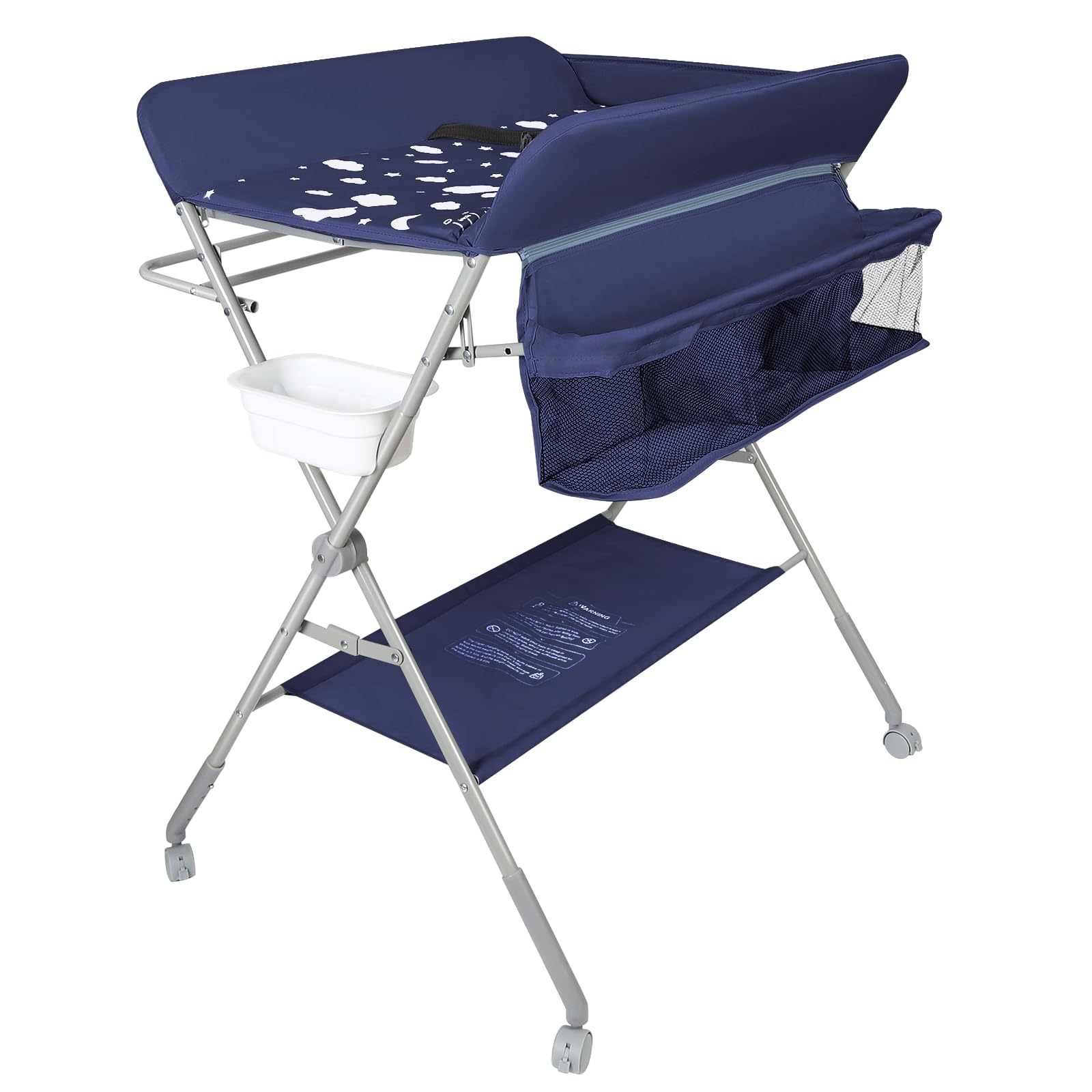 Cambiador Bebé, Cambiador Portátil Plegable con Ruedas y Espacio de Almacenamiento Cambiador para Bebé Altura Ajustable Carga hasta 15kg (azul marino-77 * 63 * 101cm)