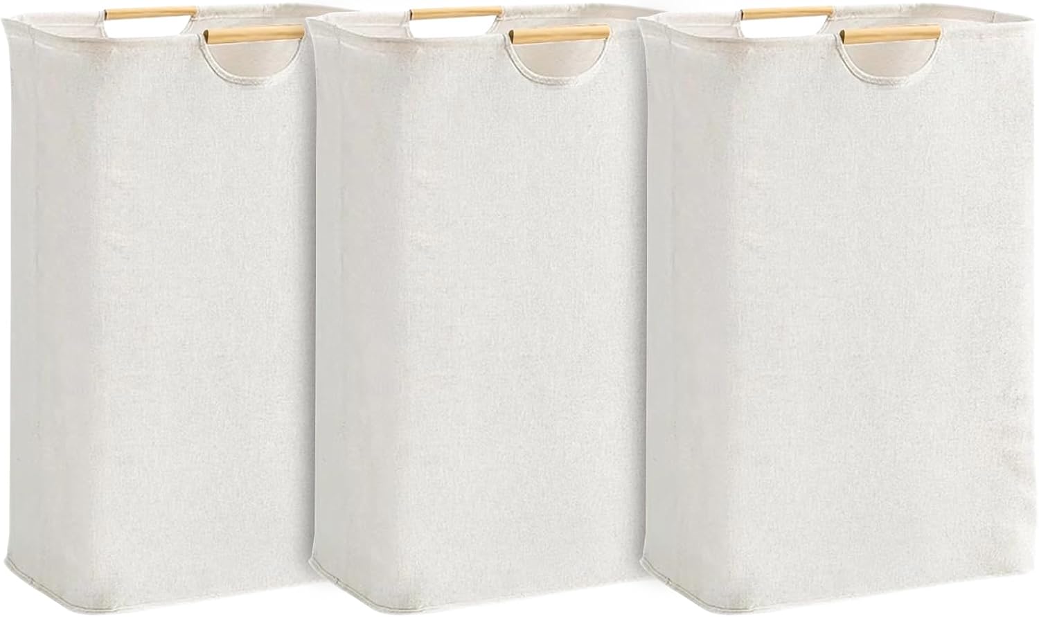 3-Pack 65L Collapsible Laundry Basket with Wooden Handles, Ideal for Tidying Clothes, Blankets and Toys,Laundry Hamper Perfect for Bedroom, Bathroom, and Living Room Organization (Solid Color Set)