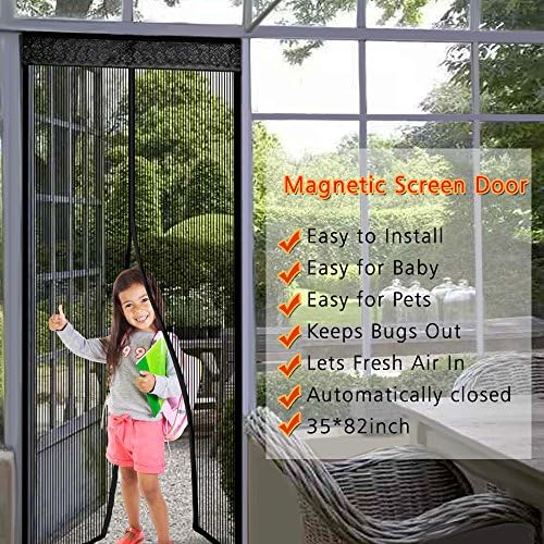 KUMEDA Magnetic Screen Door,Reinforced Full Frame Velcro Isolate Bugs Mosquito Fly Screens Close Automatically Tightly ( Fits Door Opening Up To 35×82inch)-Black