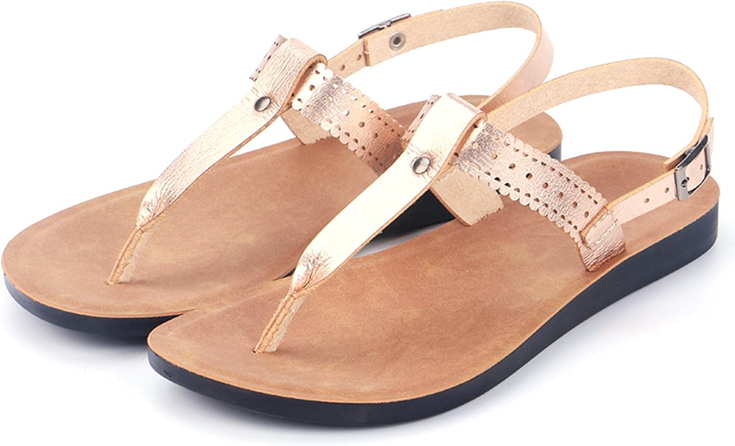 Women T-Strap Ankle Buckle Flat Sandals Comfortable Wide Round Toe Adjustable Ankle Strap Flat Thong Sandals For Casual Daily Vacation Beach