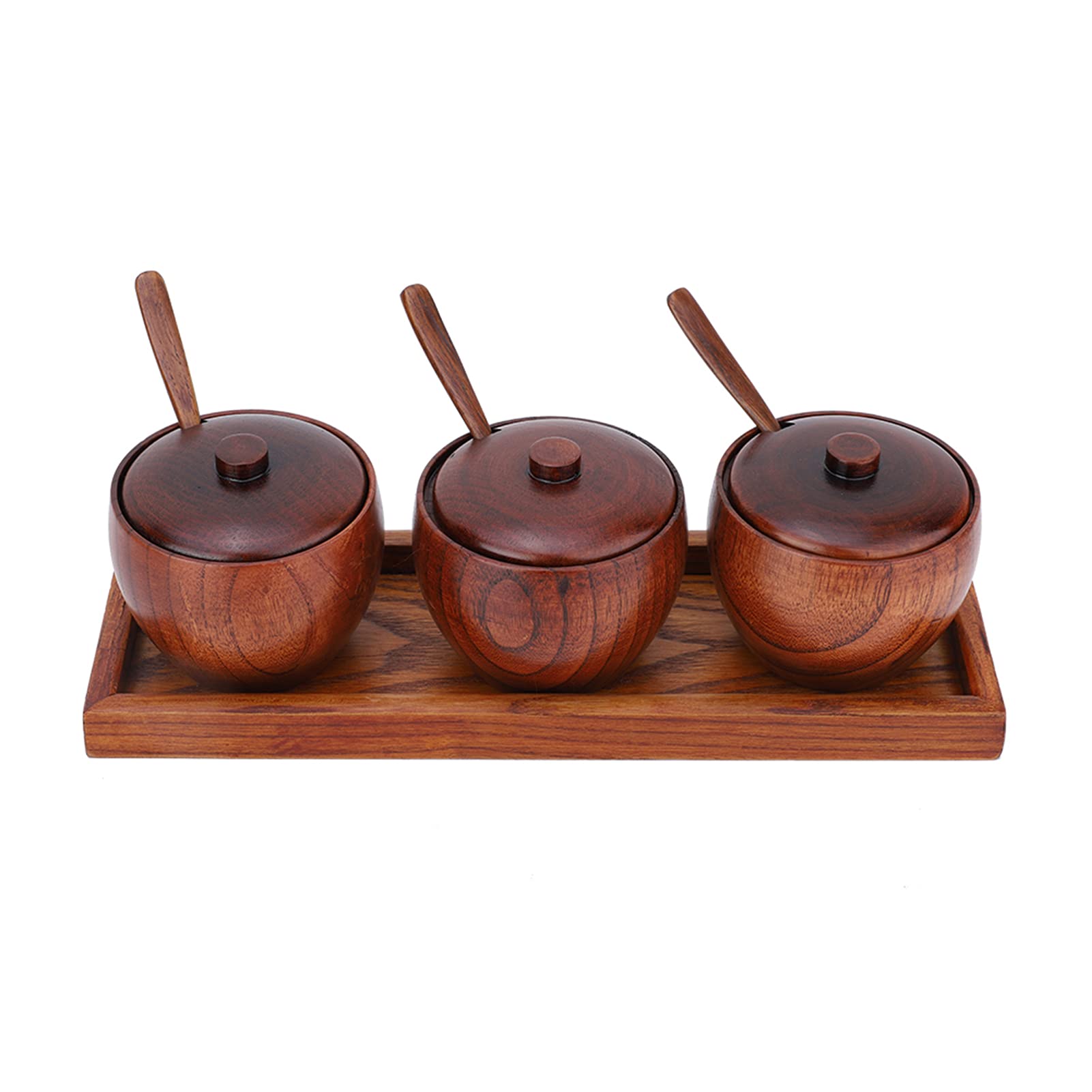 Set Barattolo di Spezie Retrò in Legno con Coperchio E Cucchiaio, Condimento Zuccheriera Strumento da Cucina Ideale Per Caffè, Zucchero, Condimenti Materiale in Legno, con 3 Barattoli, Cucchiai