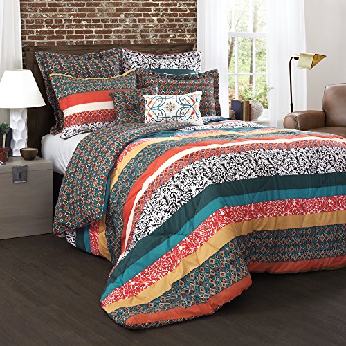 Lush Decor Boho Striped Reversible 7 Piece Comforter Bedding Set, King, Turquoise & Tangerine