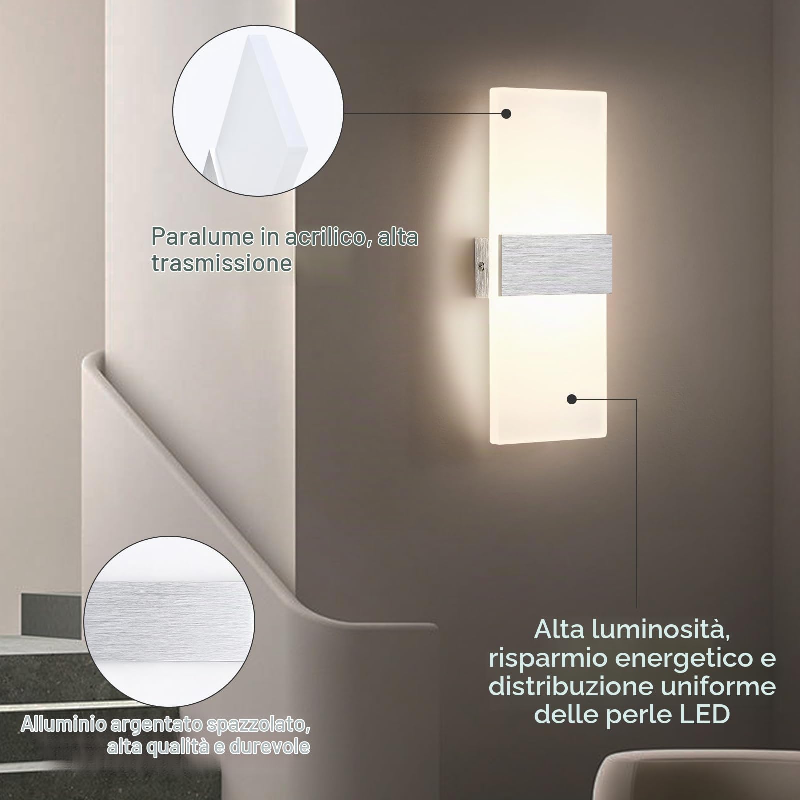 2 Pezzi Applique da Parete Interno LED 12W 4000K, Bianco Neutro | Moderno Lampada da Parete Interno, 1200 Lumen, Acrilico 1,5 cm, per Camera da Letto Corridoio Soggiorno Scala