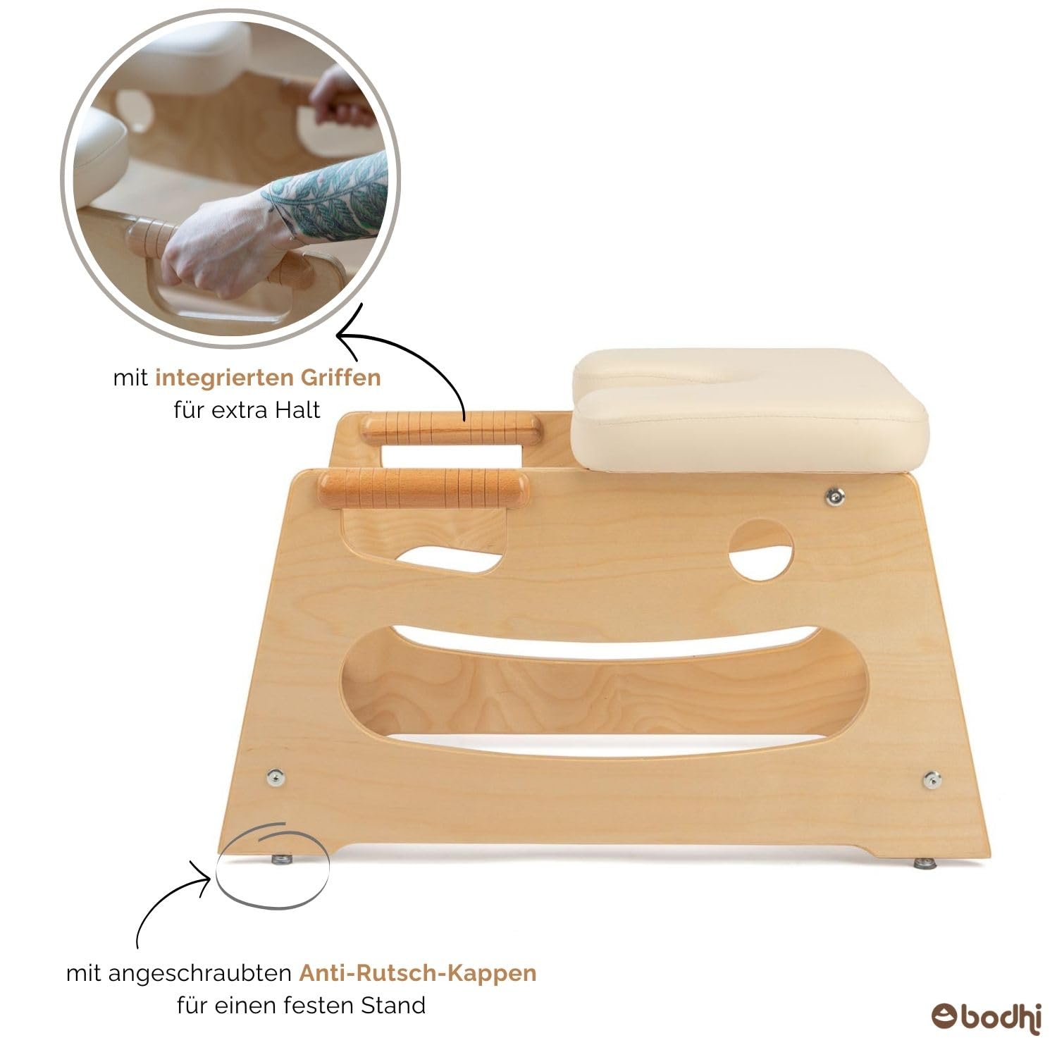 Bodhi Kopfstandhocker| Yoga Hocker aus Holz mit praktischen Griffen | Yogastuhl mit Polster für Umkehrhaltung | inkl Zusatzpolster