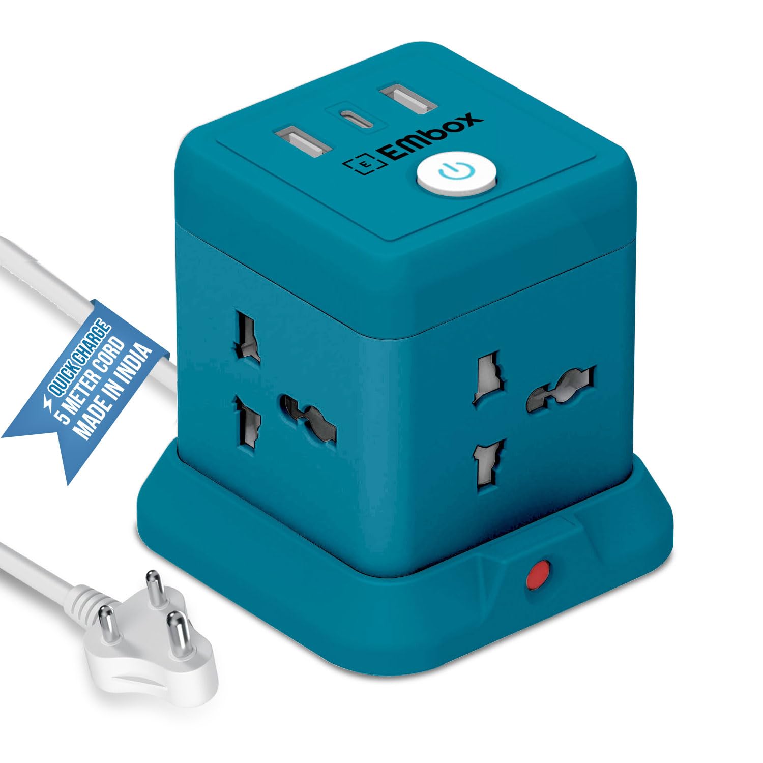 embox cube extension board 5 meter cable (qc 3.0)| 2500w heavy duty extension board with usb type c universal sockets & master switch |compact extension cord safety shutter & overload protector