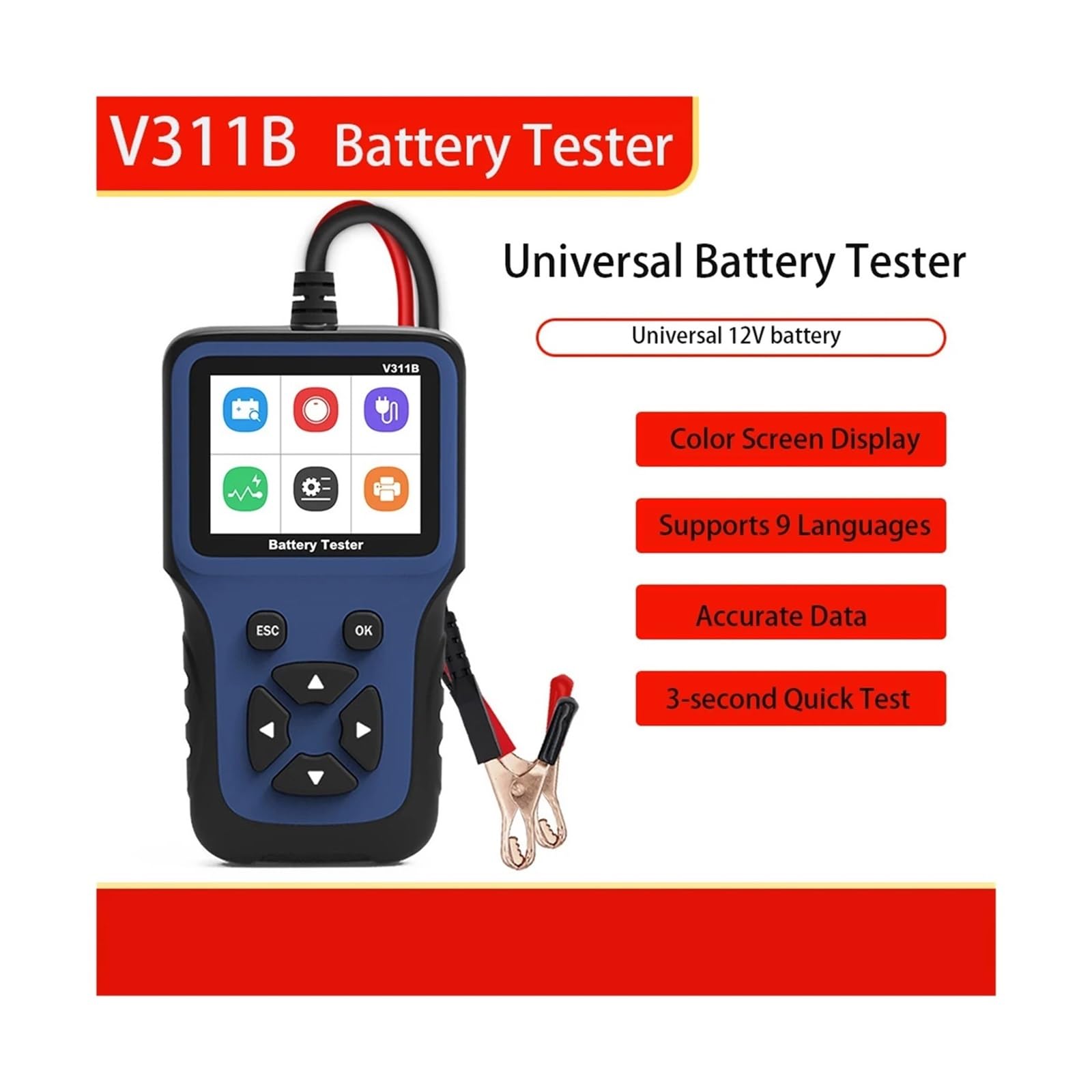 Narzędzia do inspekcji samochodowej Tester akumulatorów samochodowych Tester akumulatorów 12 V Urządzenie diagnostyczne akumulatorów Akumulator motocyklowy i jachtowy Uniwersalny(V311B)