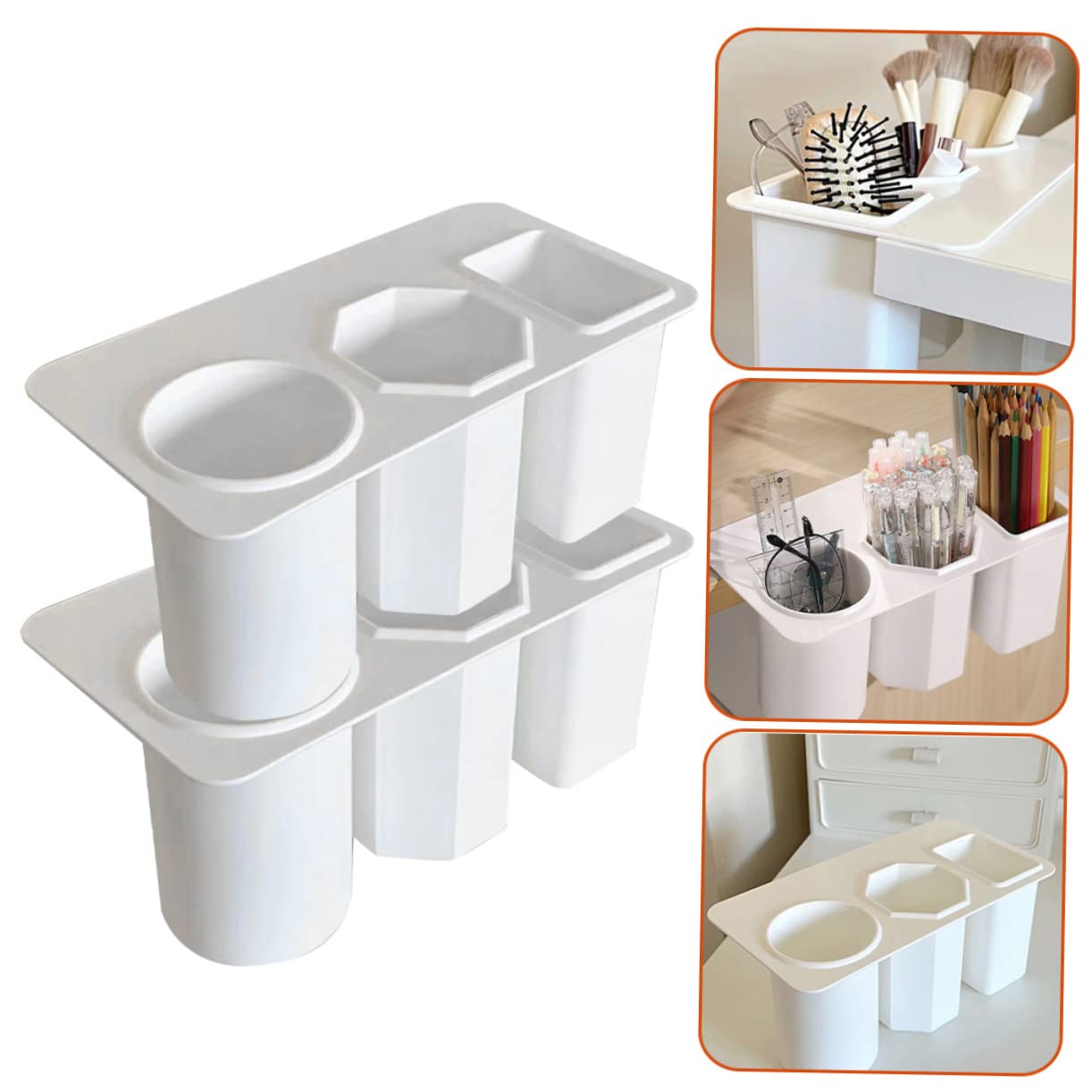 Portapenne da Scrivania in Plastica Bianca 2 Pezzi 3 Scomparti | Organizer da Tavolo per Desktop, Facile da Pulire, per Professionisti e Utenti Make-up