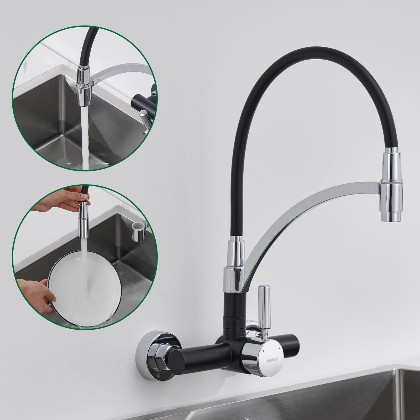 Grifo Cocina de Pared Flexible 15cm, Grifería Monomando Mural de Acero Inoxidable con Caño de Silicona Flexible 180° Giratorio, Torneira Cozinha para Fregadero, Aireador Extraíble, Negro