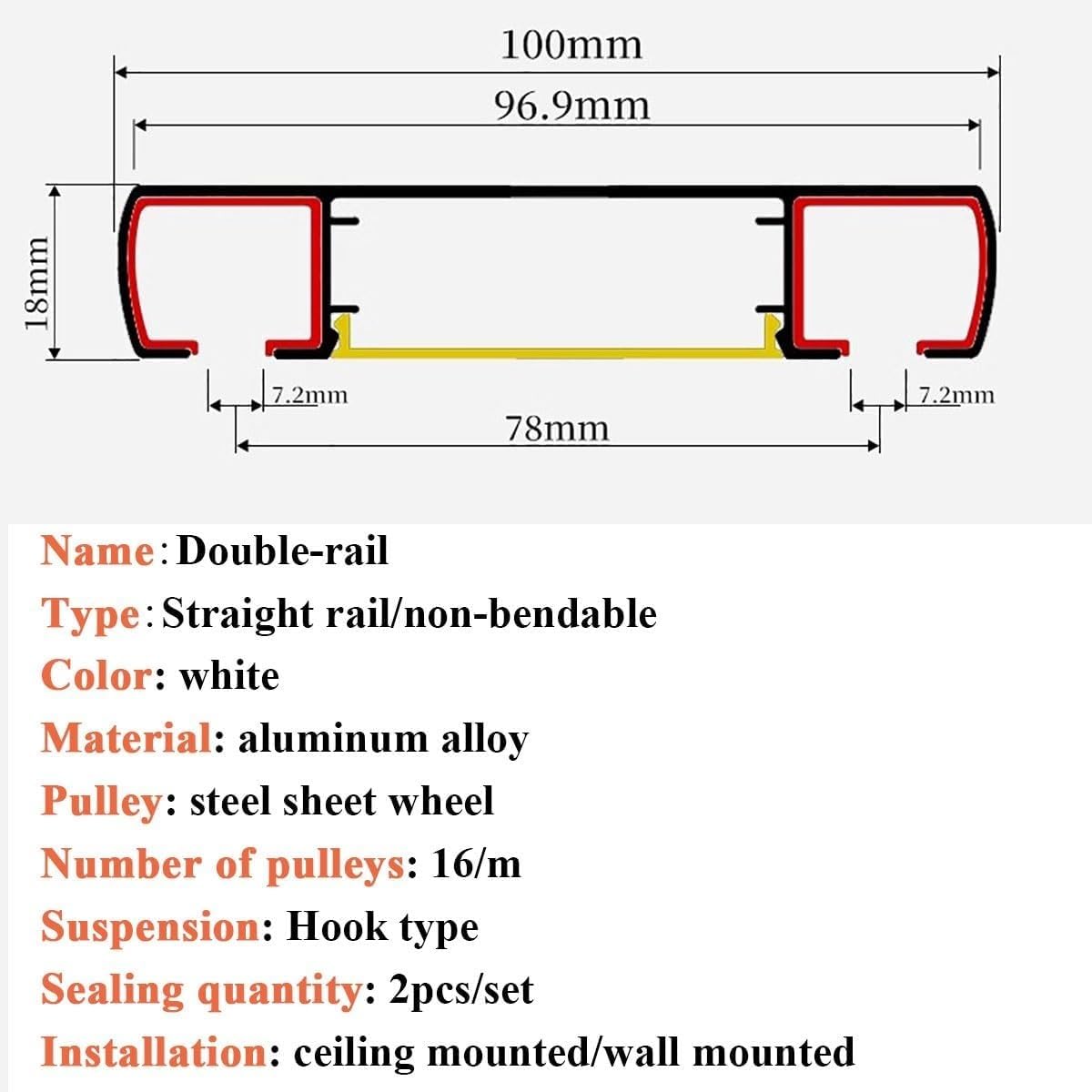 Tringle à rideaux double silencieuse et résistante pour décoration d'intérieur, 2 m, blanc, avec roulettes, idéale pour les chambres d'hôtel et les espaces de vie