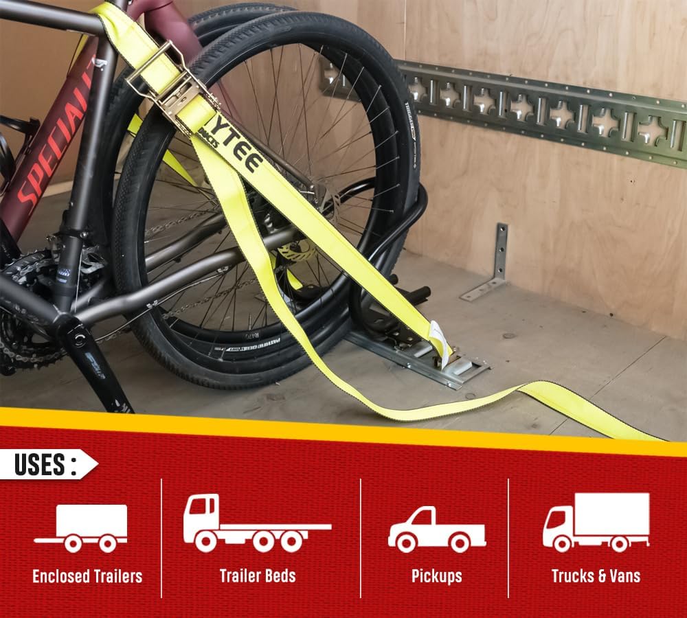 Mytee Products 2 Pack 2'' x 12' E Track Ratchet Straps with Spring E-Fittings, 4000 lbs - Yellow Heavy Duty Etrack Ratchet Tie Down Strap for Enclosed Trailers, Trucks & Vans